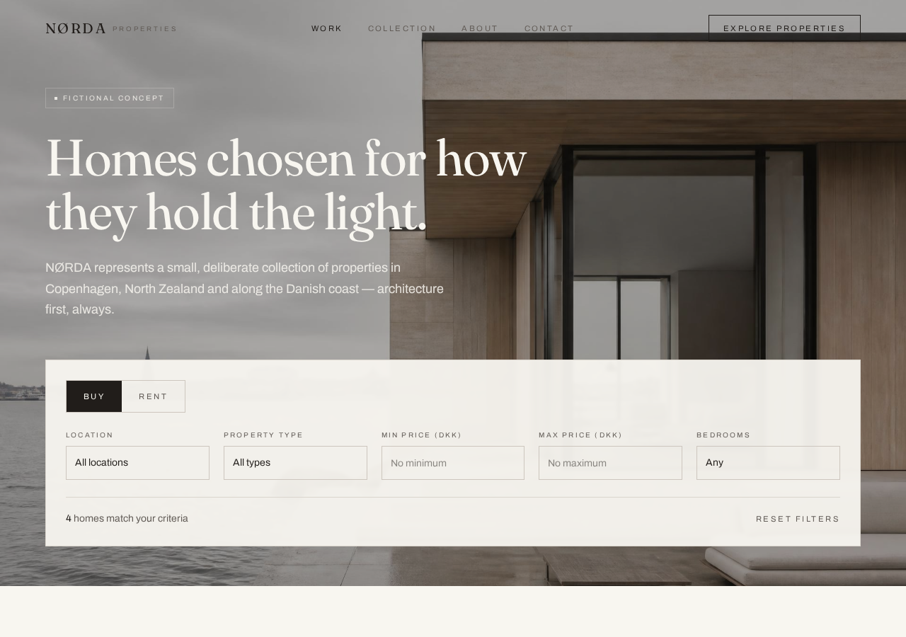 The NØRDA Properties real-estate concept, showing the hero section with a modern Scandinavian home and the property search interface