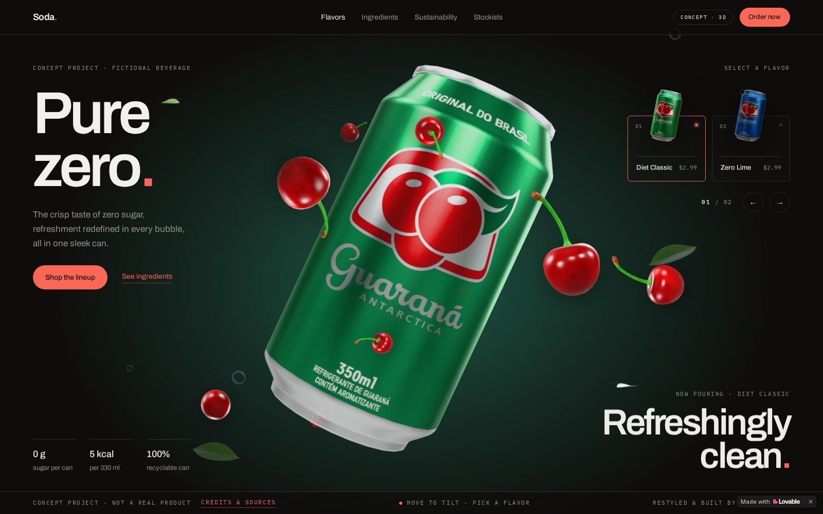 The Soda. 3D interactive beverage concept, showing a floating green guaraná can surrounded by cherries over the Pure zero hero on a dark background
